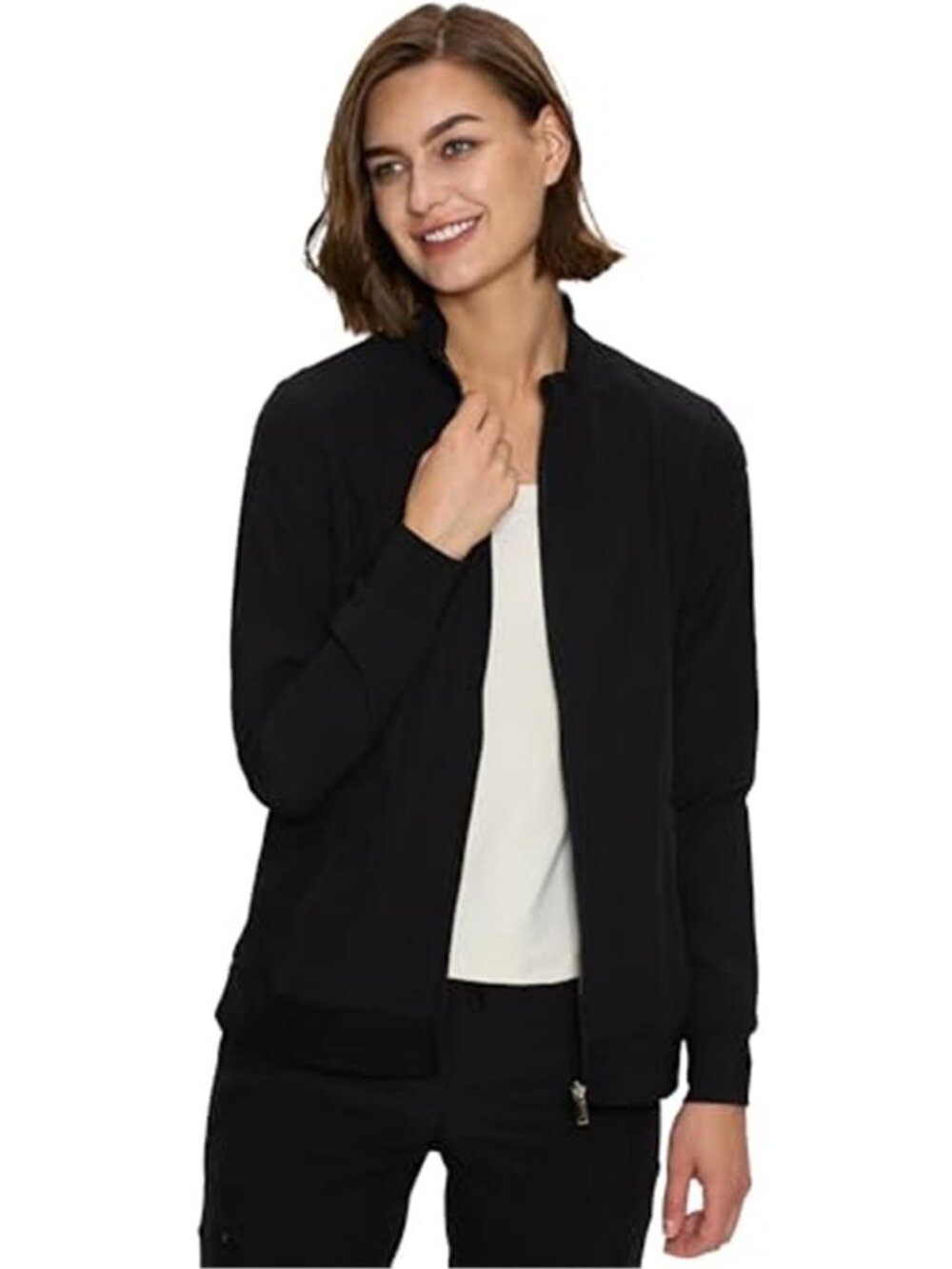 Womens Scrub Jacket Medical Nurse Stretch Zipper Pockets Pen Holder Coat Scrubs